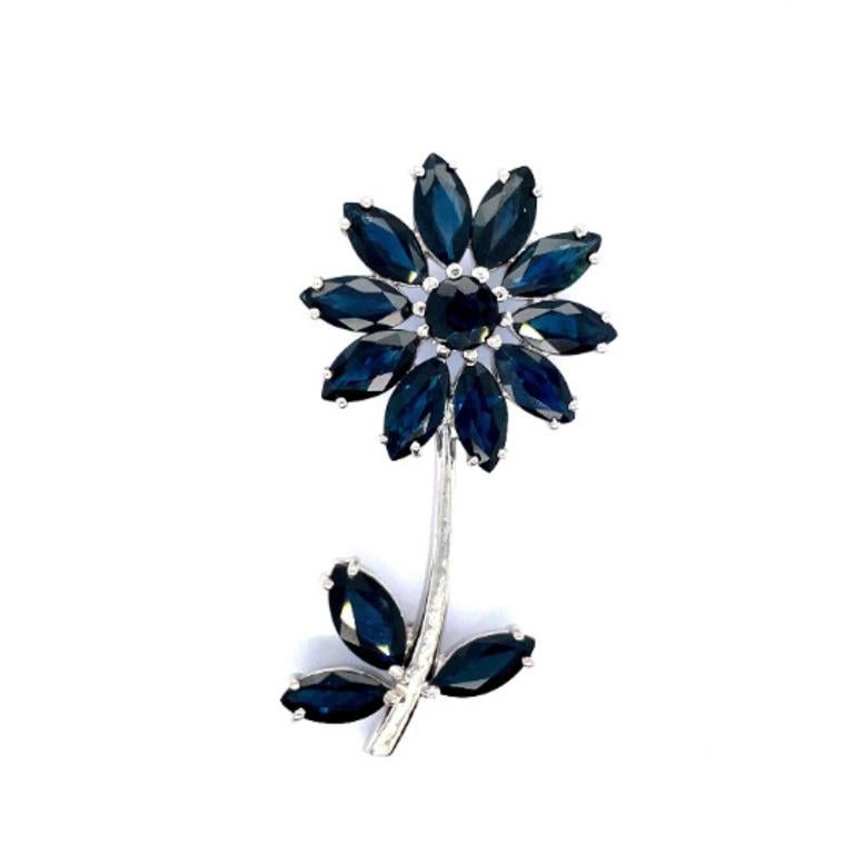 Mixed Cut 9.70 Carat Blue Sapphire Sunflower Brooch Pin in 925 Sterling Silver  For Sale