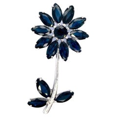 Retro 9.70 Carat Blue Sapphire Sunflower Brooch Pin in 925 Sterling Silver 