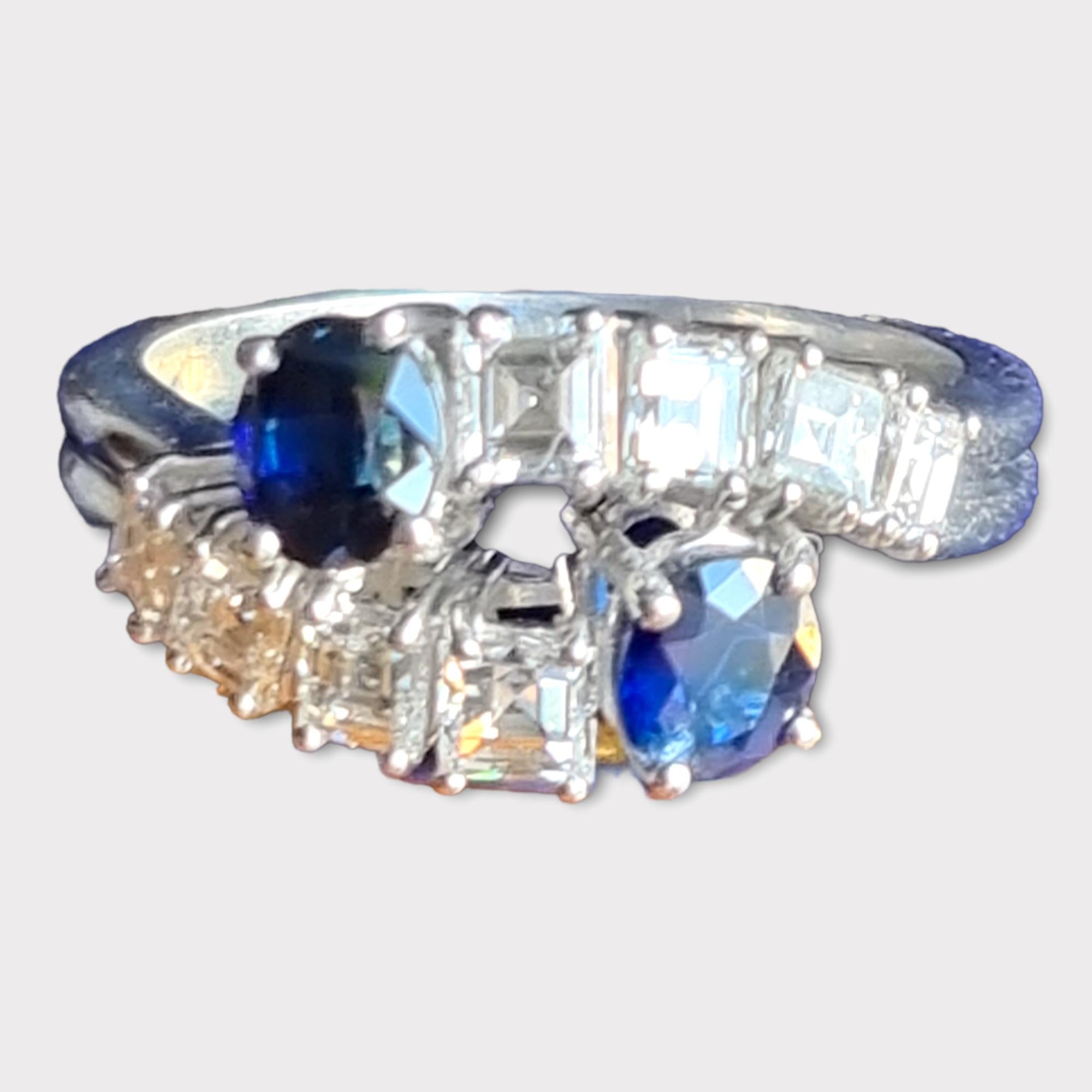 Women's Vintage Blue Sapphire and Carre Diamond Toi et Moi Crossover Ring, 18K Gold For Sale