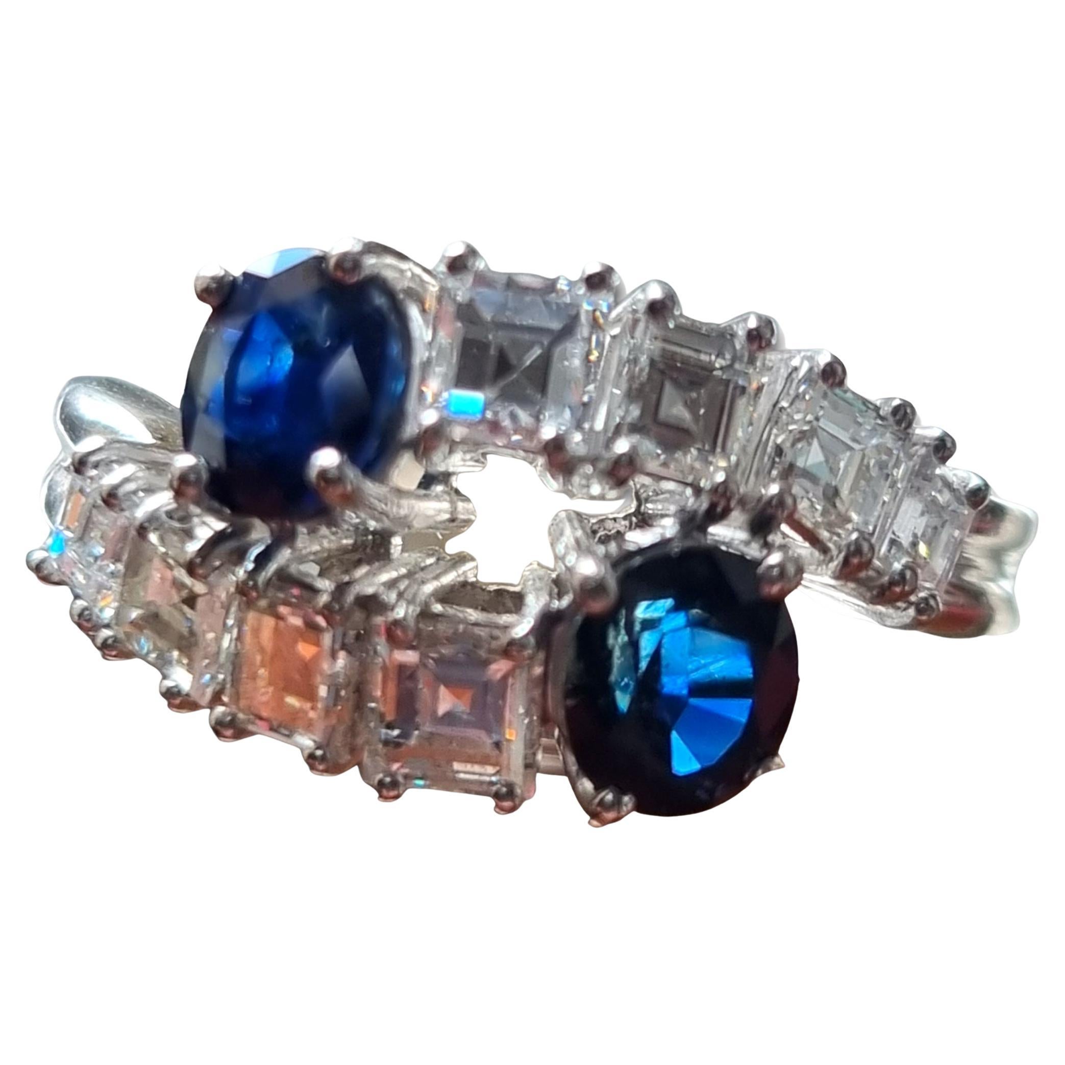 Vintage Blue Sapphire and Carre Diamond Toi et Moi Crossover Ring, 18K Gold