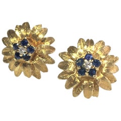 Antique Blue Sapphire and Diamond 14 Karat "Flower" Stud Earrings