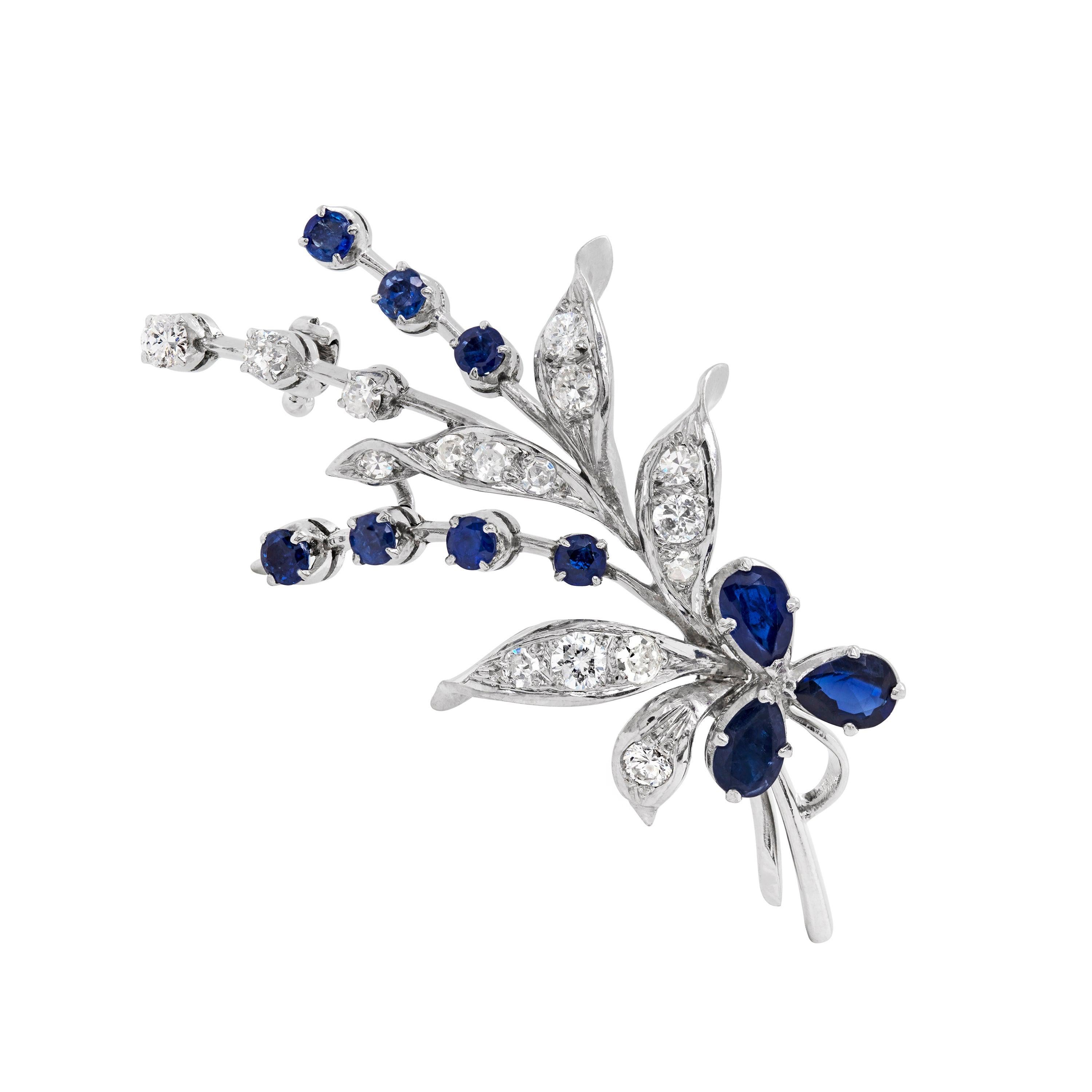 Vintage Blue Sapphire and Diamond 18 Carat White Gold Floral Spray Brooch