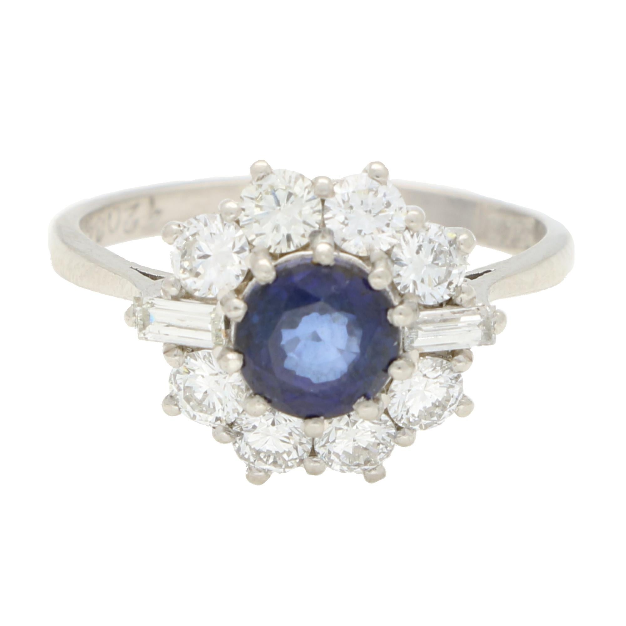Modern Vintage Blue Sapphire and Diamond Alternative Cluster Ring in Platinum For Sale