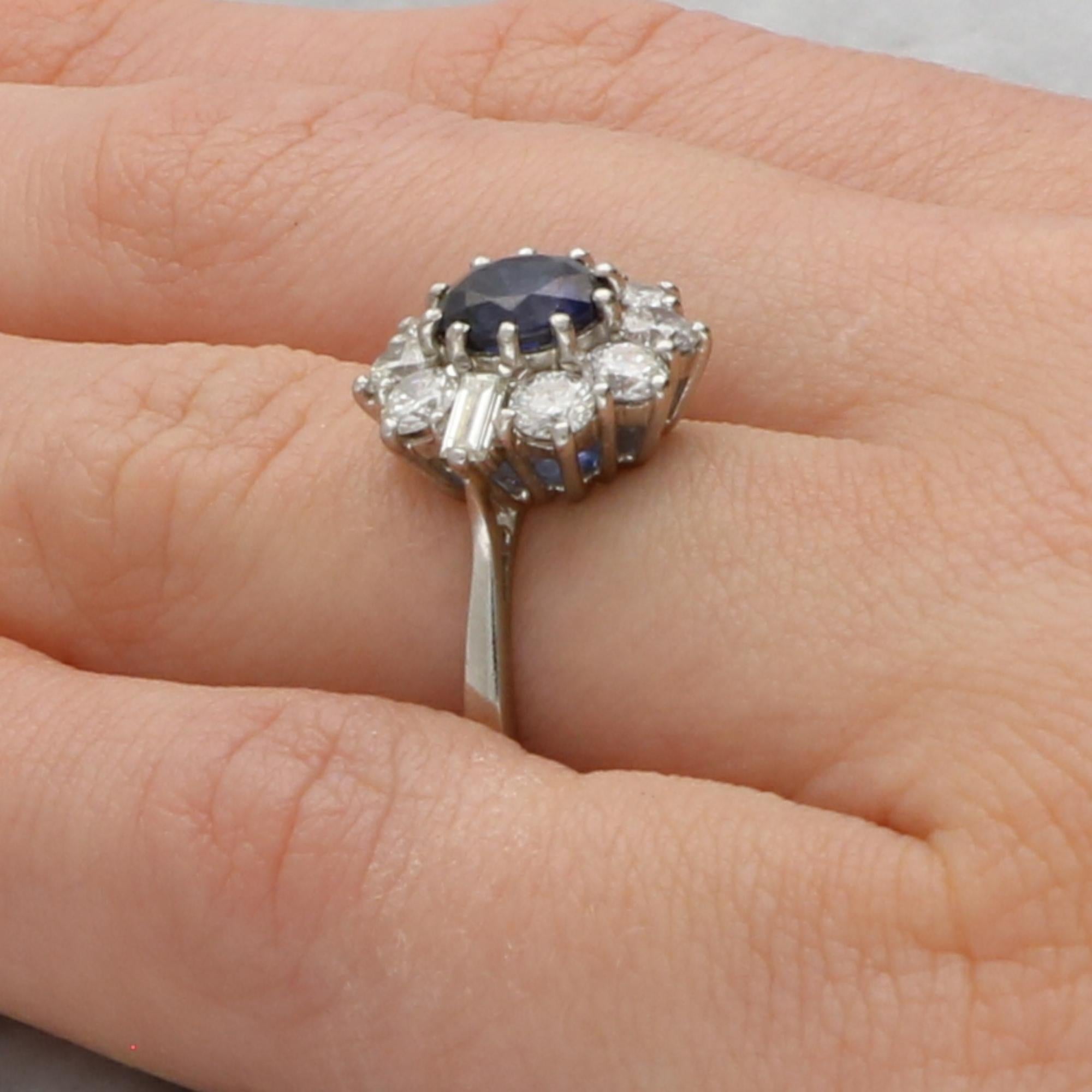 Round Cut Vintage Blue Sapphire and Diamond Alternative Cluster Ring in Platinum For Sale