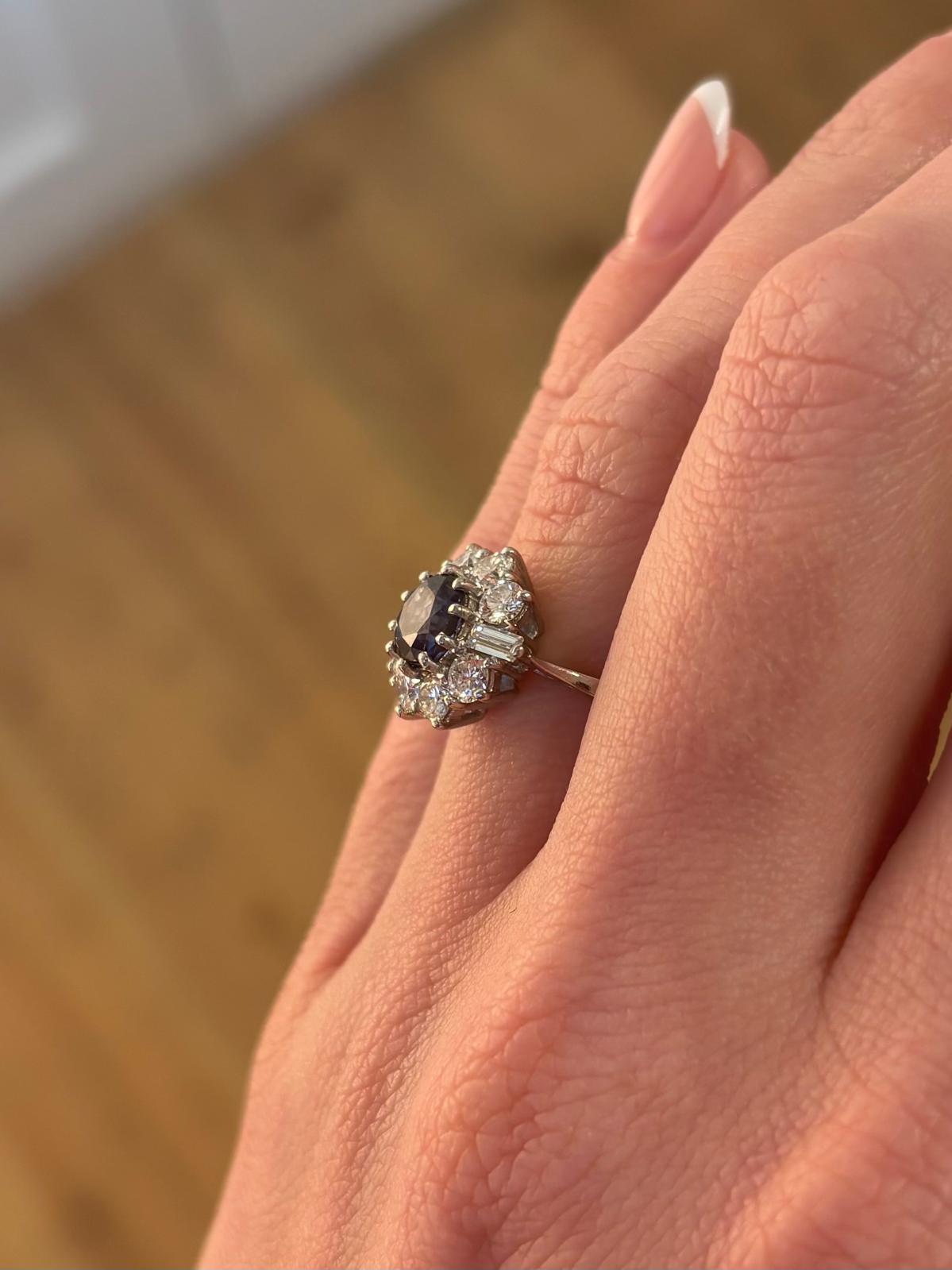 Women's or Men's Vintage Blue Sapphire and Diamond Alternative Cluster Ring in Platinum For Sale