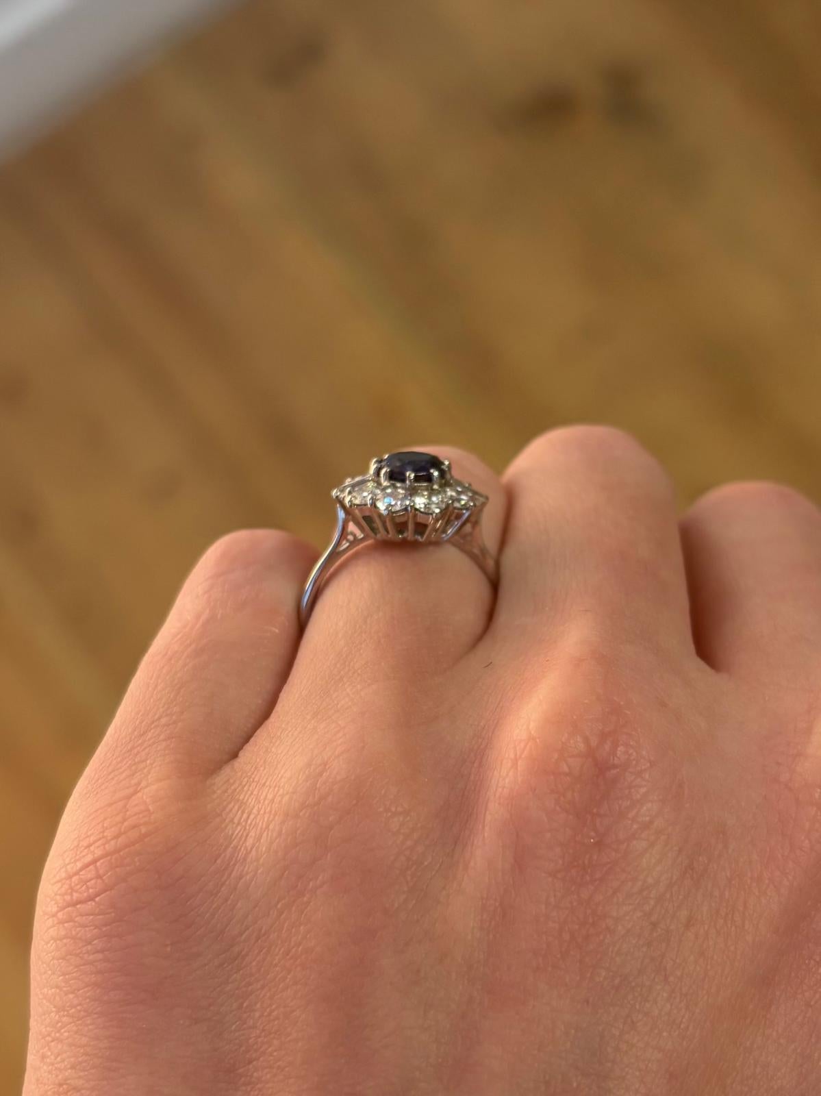 Vintage Blue Sapphire and Diamond Alternative Cluster Ring in Platinum For Sale 1