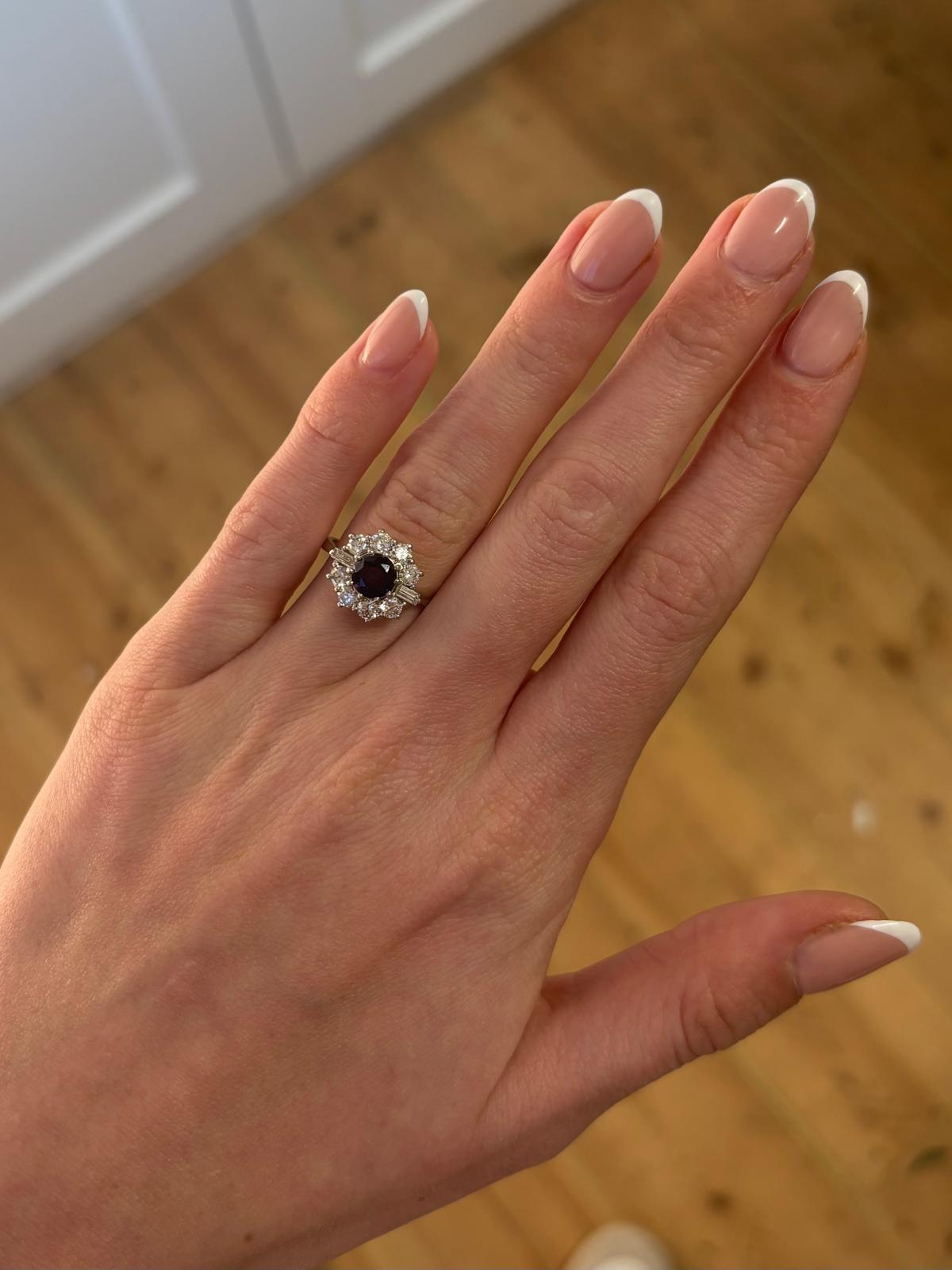 Vintage Blue Sapphire and Diamond Alternative Cluster Ring in Platinum For Sale 2