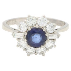 Vintage Blue Sapphire and Diamond Alternative Cluster Ring in Platinum