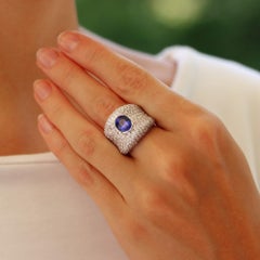 Vintage Blue Sapphire and Diamond Bombe Dress Ring in 18k White Gold