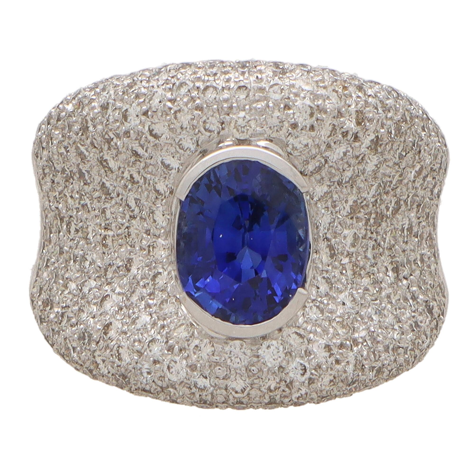 Modern Vintage Blue Sapphire and Diamond Bombe Dress Ring in 18k White Gold For Sale