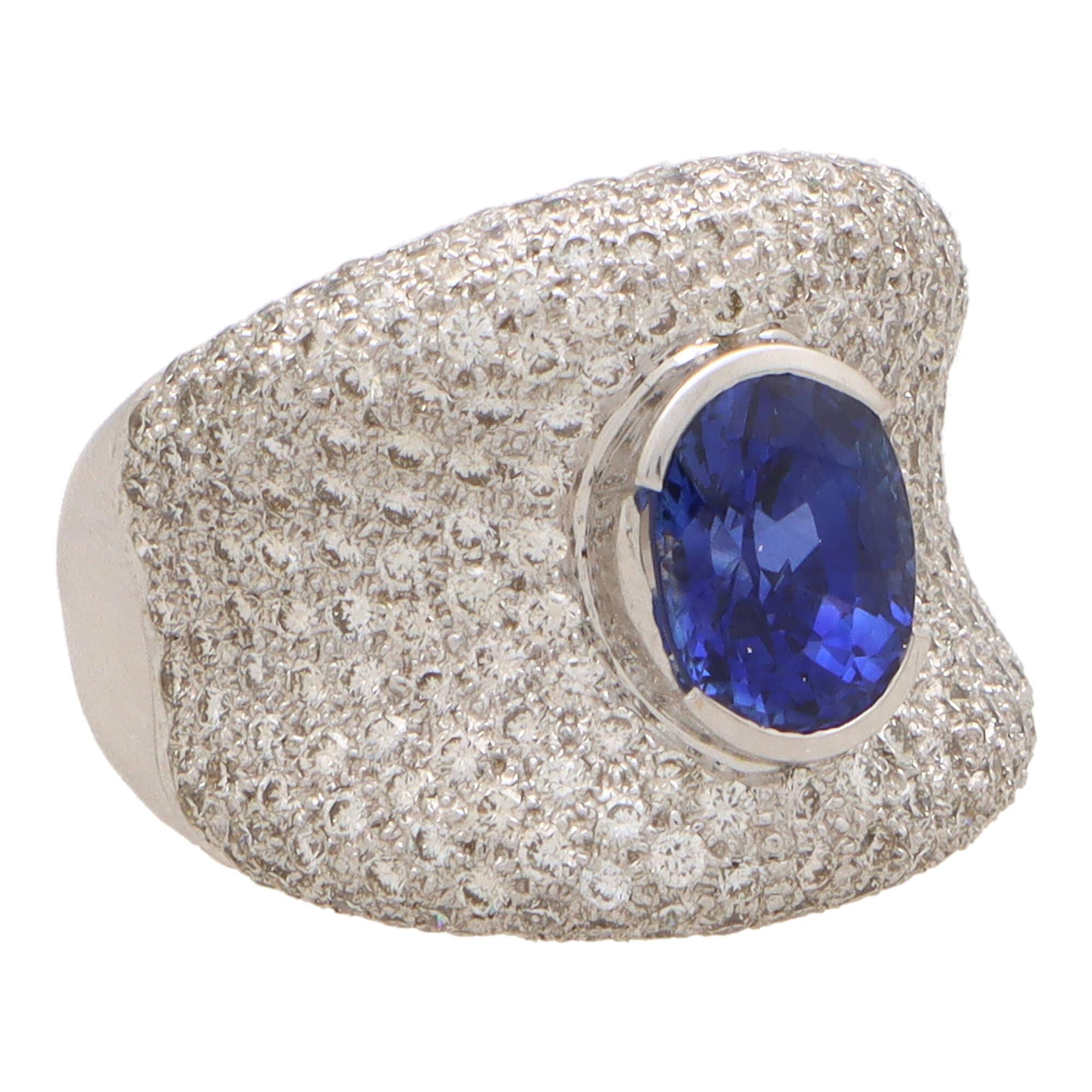 Oval Cut Vintage Blue Sapphire and Diamond Bombe Dress Ring in 18k White Gold For Sale