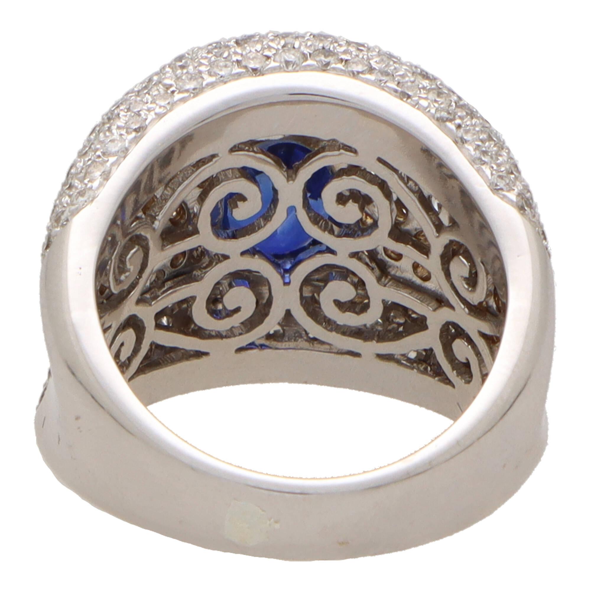Women's or Men's Vintage Blue Sapphire and Diamond Bombe Dress Ring in 18k White Gold For Sale