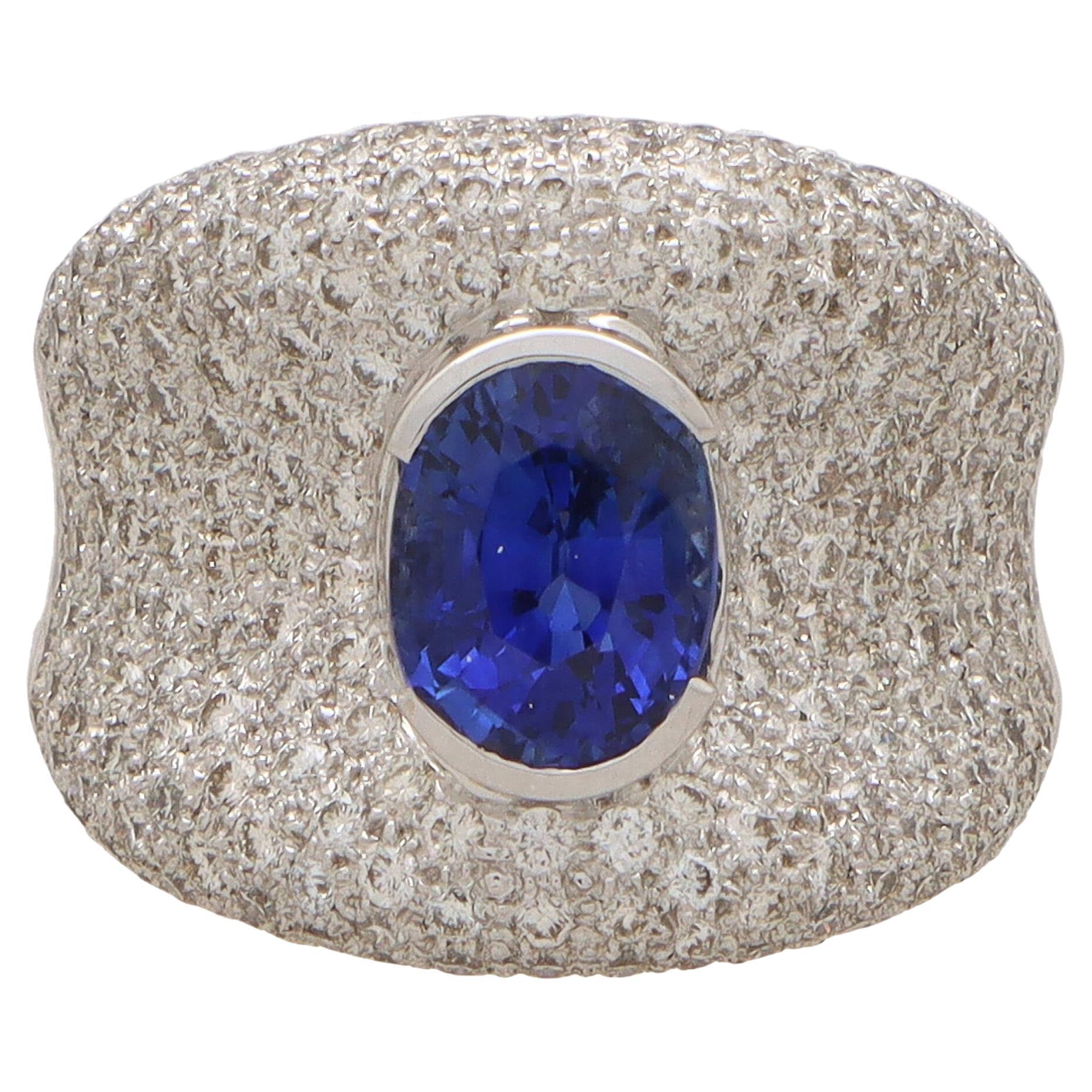 Vintage Blue Sapphire and Diamond Bombe Dress Ring in 18k White Gold For Sale