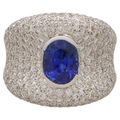 Vintage Blue Sapphire and Diamond Bombe Dress Ring in 18k White Gold