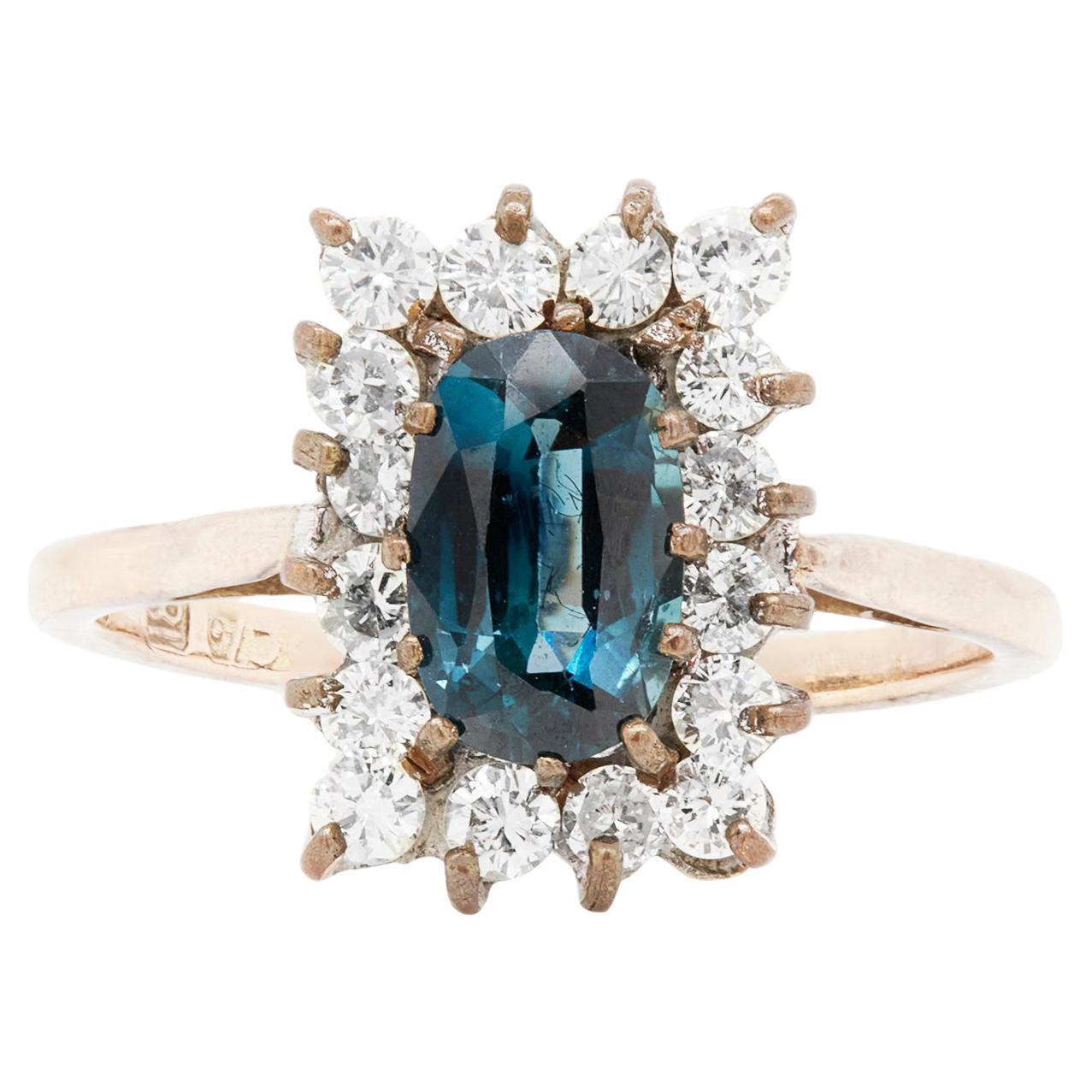 Vintage Blue Sapphire and Diamond Cluster Ring in 18 Carat Yellow & White Gold For Sale