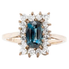 Bague grappe vintage en or jaune et blanc 18 carats avec saphir bleu et diamants