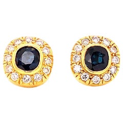 Retro Blue Sapphire and Diamond Cushion Halo Stud Earrings