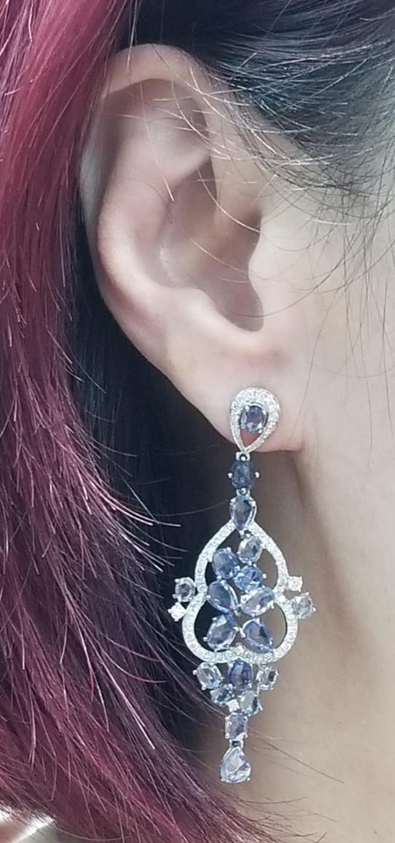 Rose Cut 9.94Ct Vintage  Blue Sapphire and Diamond Dangle Earring in 18K White Gold For Sale