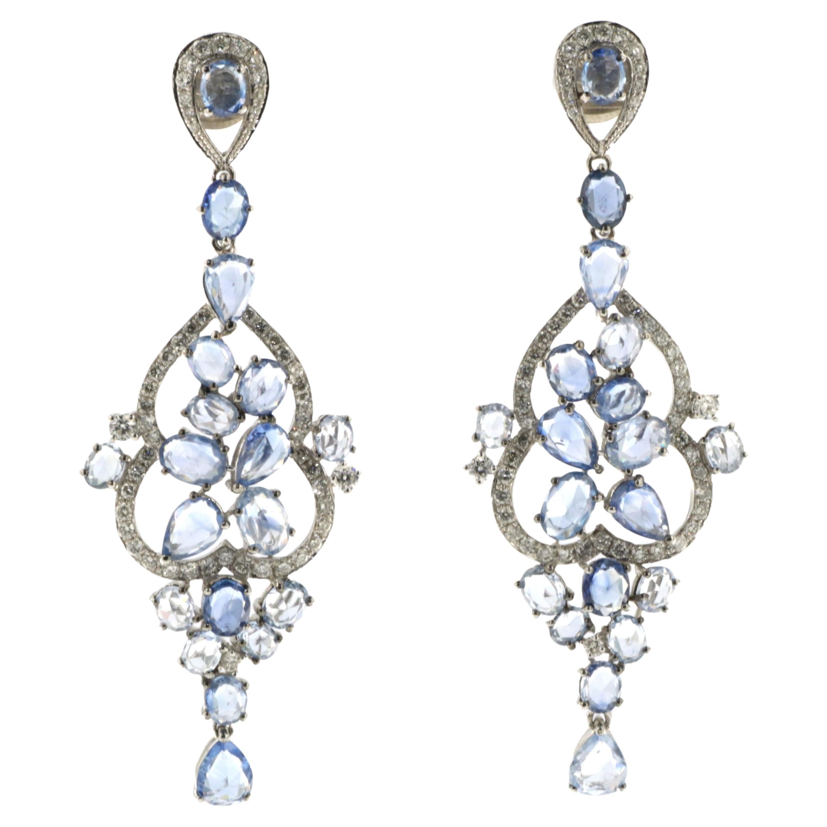 Vintage Blue Sapphire and Diamond Dangle Drop Earring in 18K White Gold