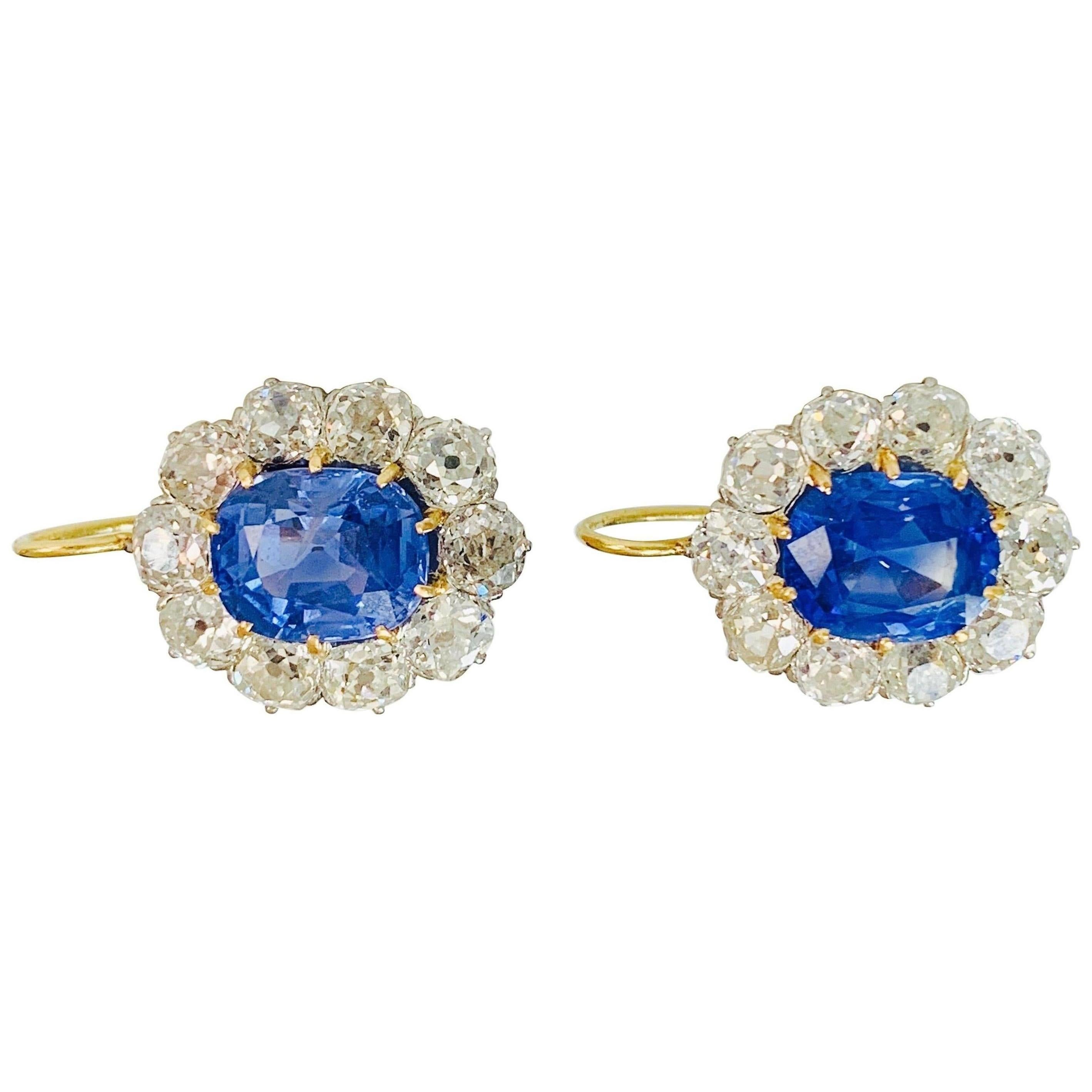 Vintage Blue Sapphire and Diamond Earrings in 18 K Gold and Platinum, AGL Cert.