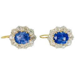 Retro Blue Sapphire and Diamond Earrings in 18 K Gold and Platinum, AGL Cert. 