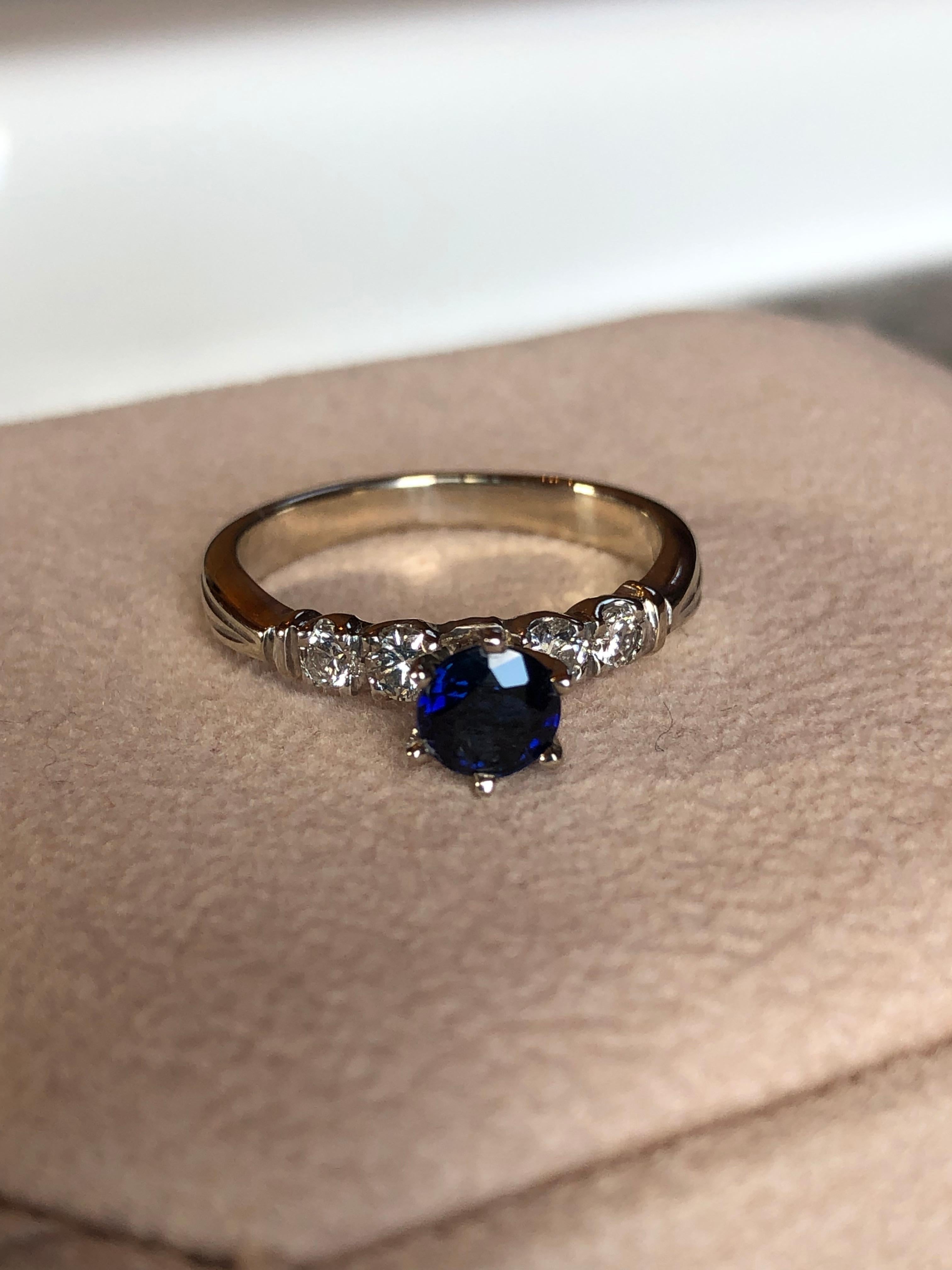 Vintage Blue Sapphire and Diamond Engagement Ring Gold For Sale 4