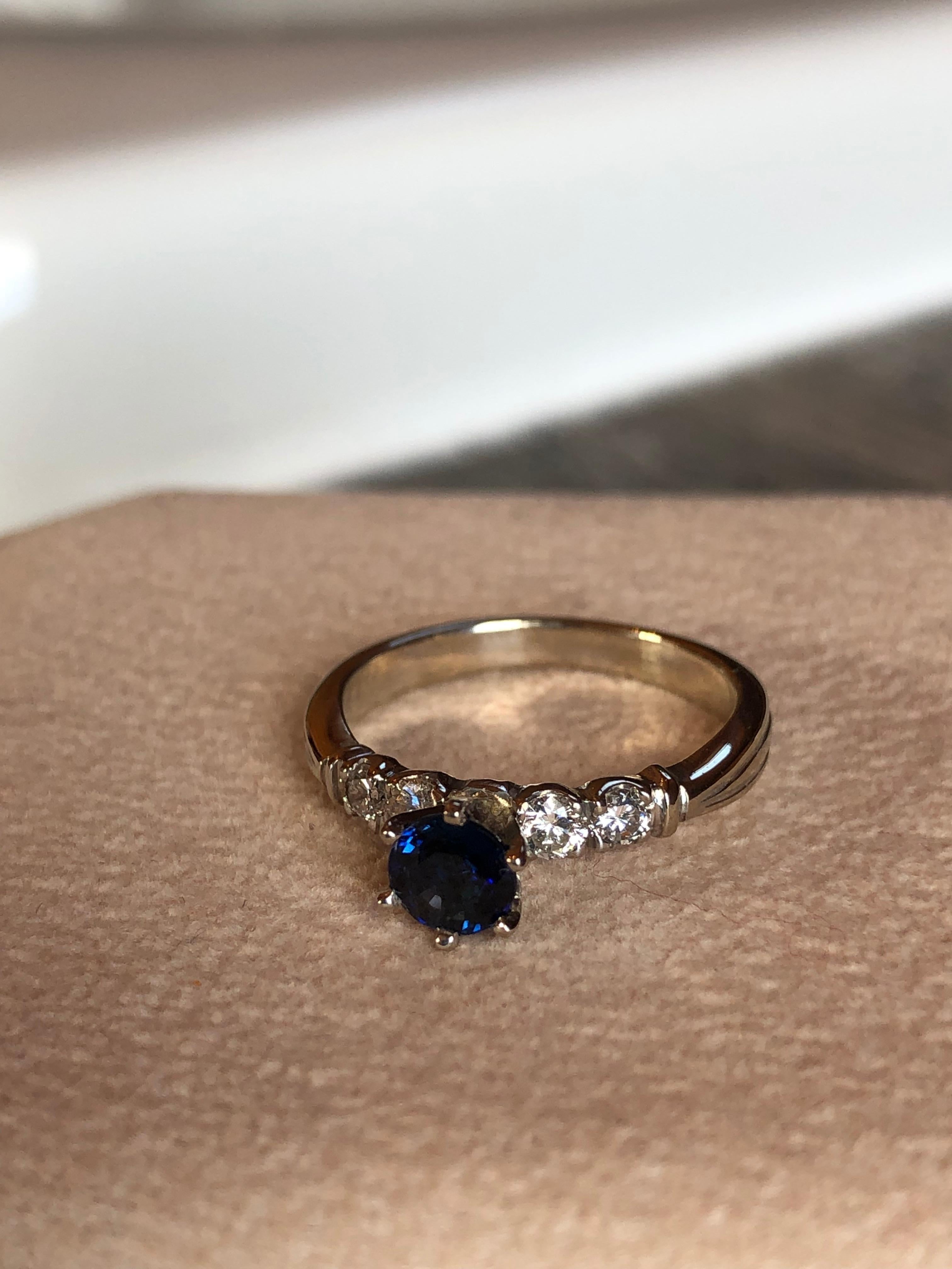 Vintage Blue Sapphire and Diamond Engagement Ring Gold For Sale 7