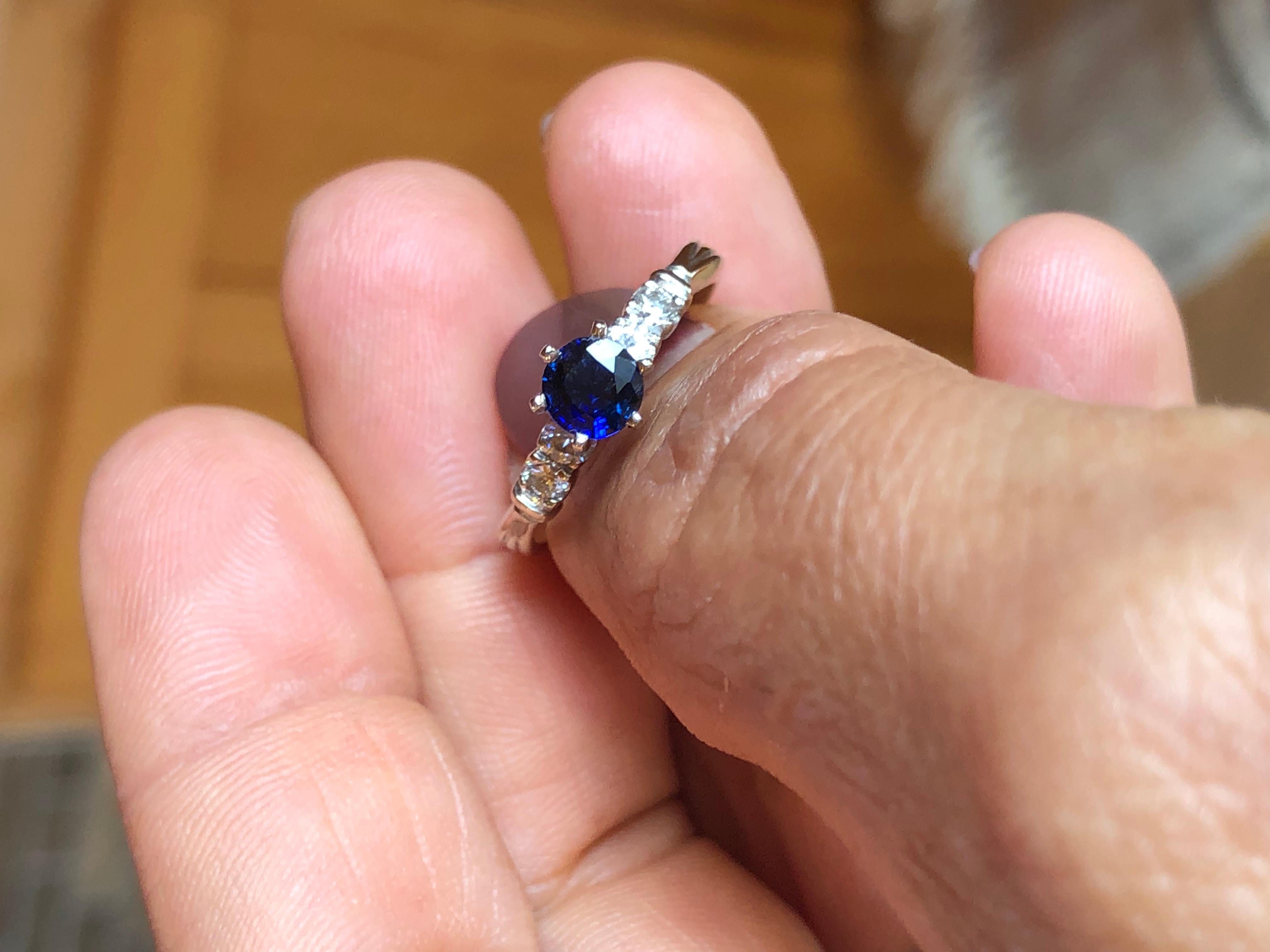 Romantic Vintage Blue Sapphire and Diamond Engagement Ring Gold For Sale