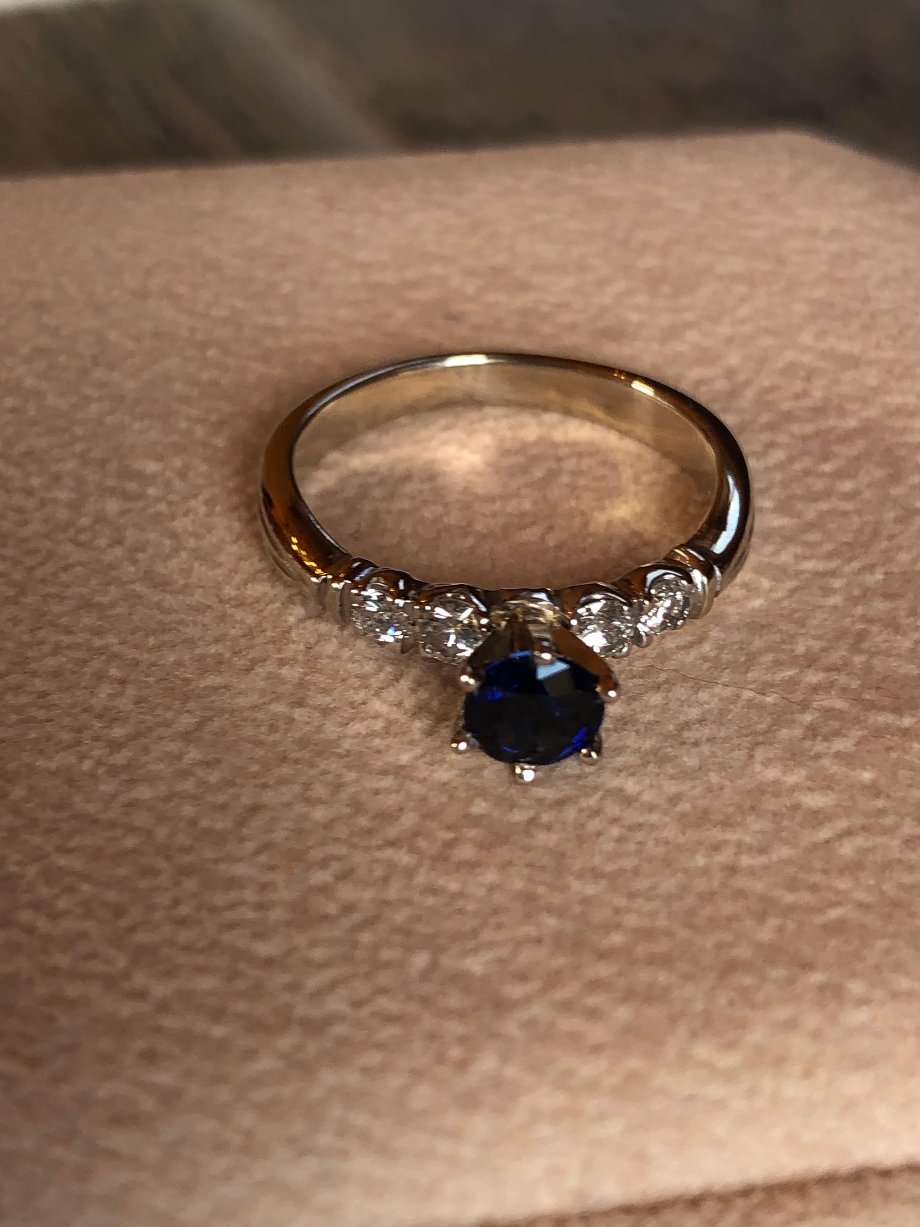 Vintage Blue Sapphire and Diamond Engagement Ring Gold For Sale 1
