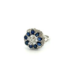 Vintage Blue Sapphire and Diamond Gold Cluster Ring Estate Fine Jewelry