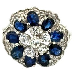 Vintage Blue Sapphire and Diamond Gold Cluster Ring Estate Fine Jewelry