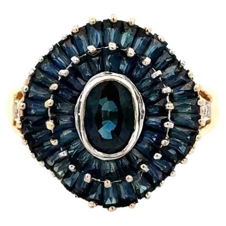Vintage Blue Sapphire and Diamond Gold Cocktail Ring For Sale