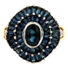 Vintage Blue Sapphire and Diamond Gold Cocktail Ring