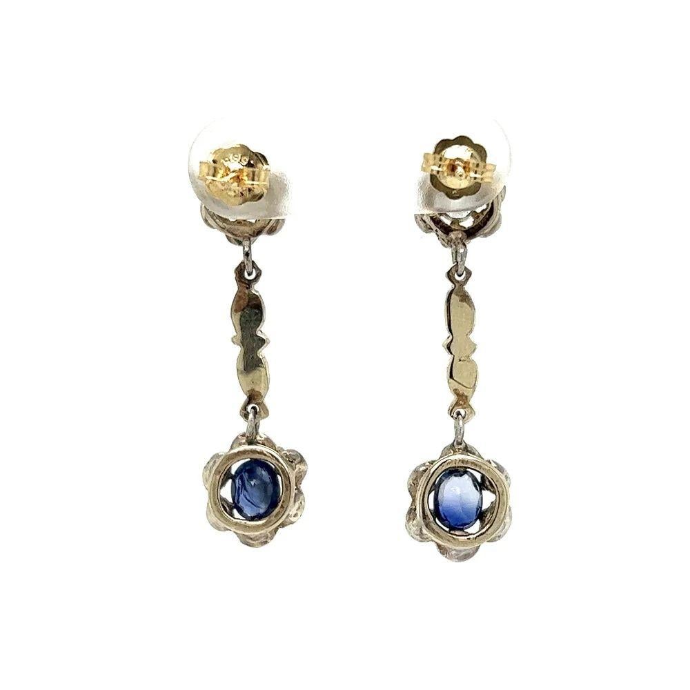 Modernist Vintage Blue Sapphire and Diamond Gold Drop Earrings For Sale