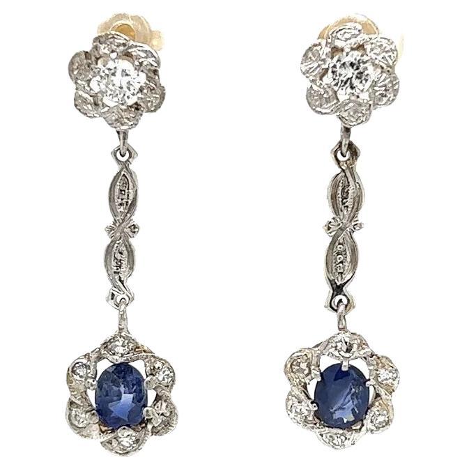 Vintage Blue Sapphire and Diamond Gold Drop Earrings