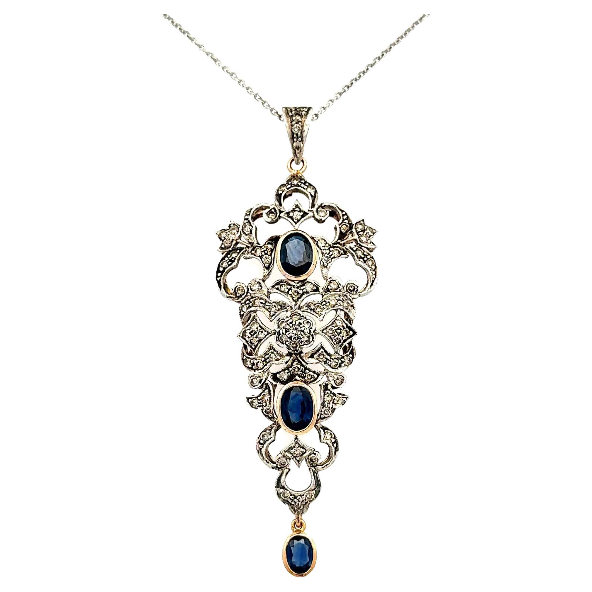 Vintage Blue Sapphire and Diamond Silver on 18K Gold Drop Pendant Necklace For Sale
