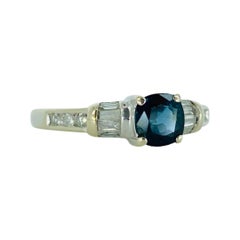 Vintage Blue Sapphire and Diamonds Ring 14k White Gold