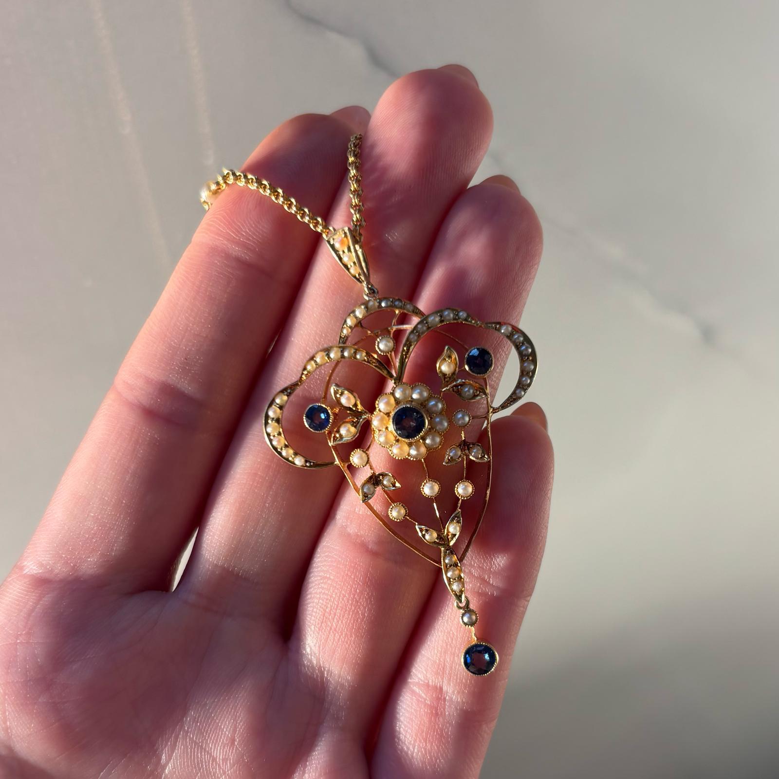 Round Cut Vintage Blue Sapphire and Seed Pearl Necklace Set in 15k Yellow Gold