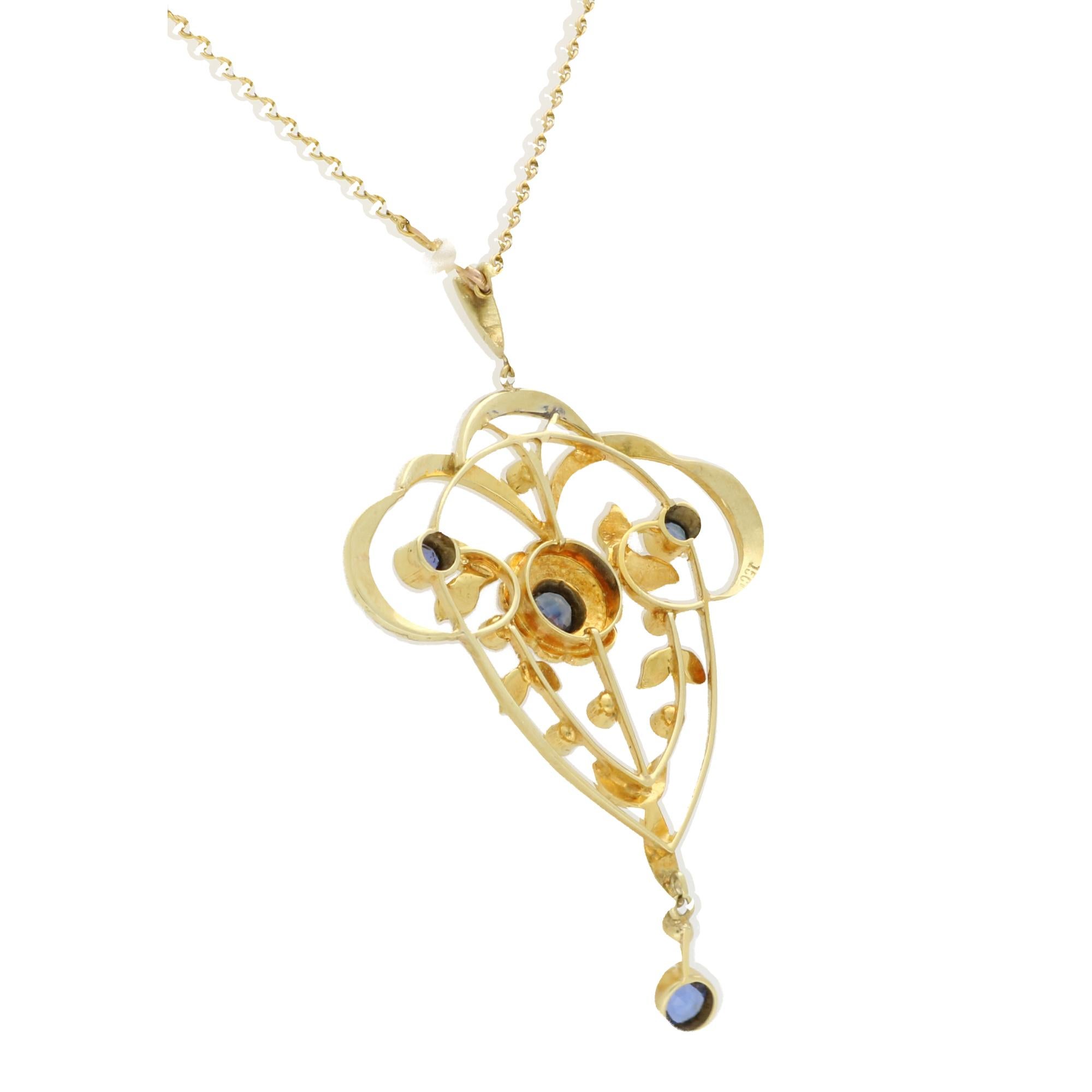 Women's or Men's Vintage Blue Sapphire and Seed Pearl Necklace Set in 15k Yellow Gold