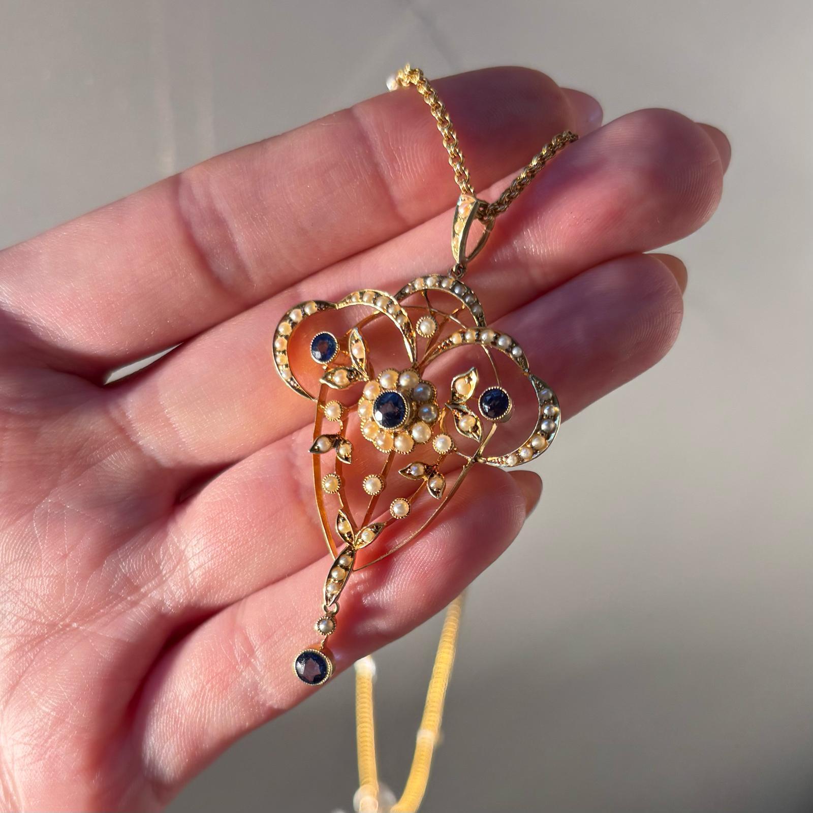 Vintage Blue Sapphire and Seed Pearl Necklace Set in 15k Yellow Gold 1