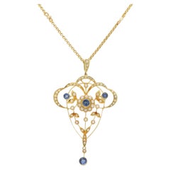 Vintage Blue Sapphire and Seed Pearl Necklace Set in 15k Yellow Gold