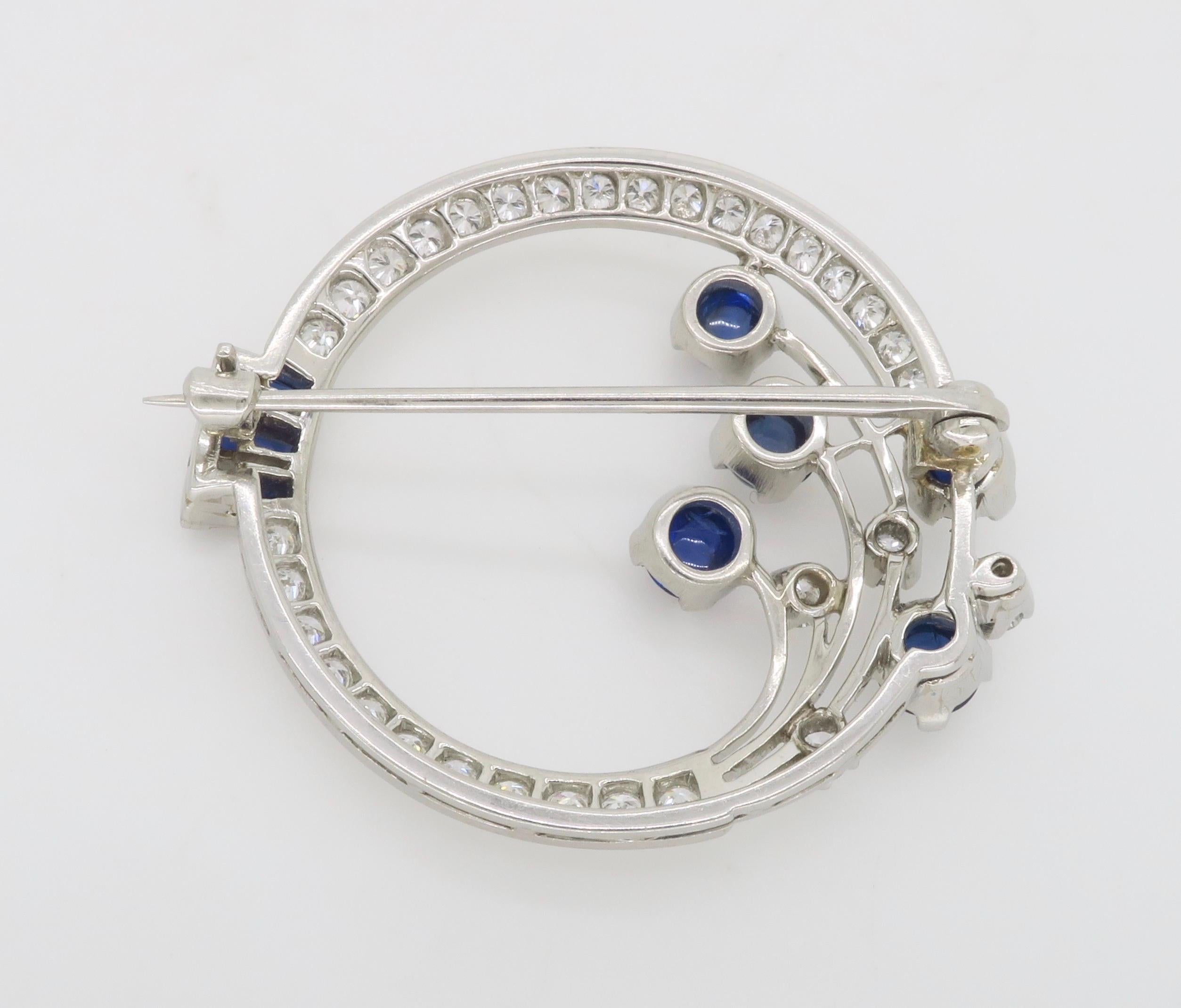 Cabochon Vintage Blue Sapphire & Diamond Brooch Made in Platinum  For Sale