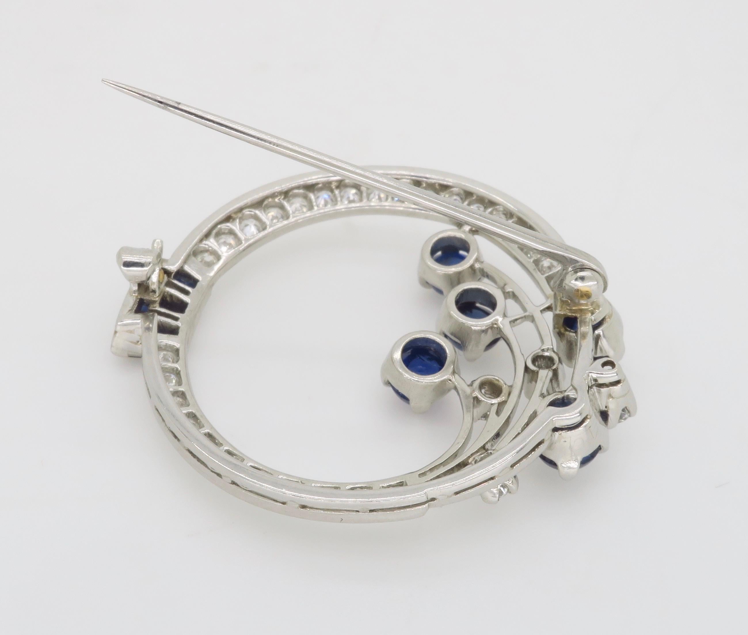 Vintage Blue Sapphire & Diamond Brooch Made in Platinum  In Excellent Condition In Webster, NY