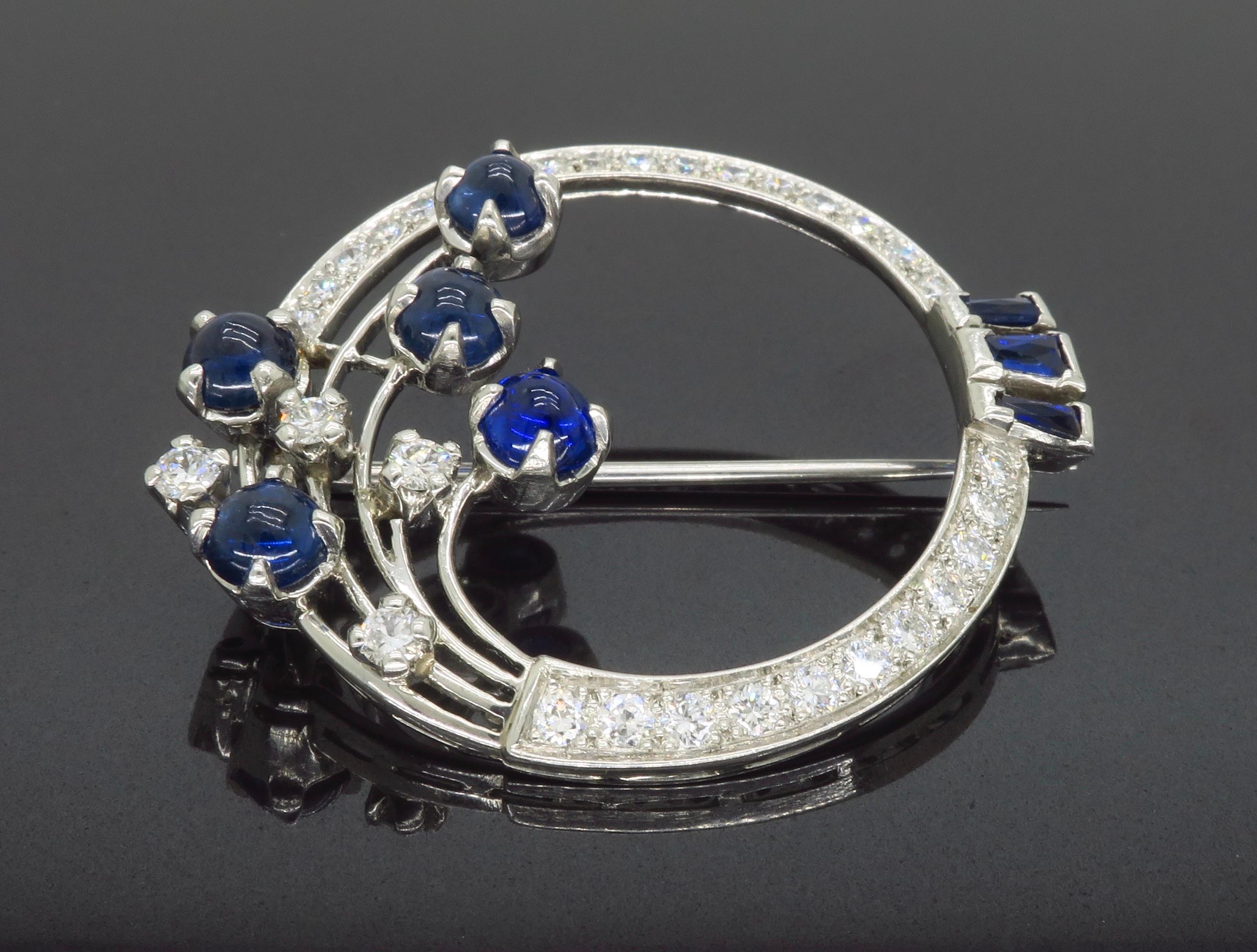 Vintage Blue Sapphire & Diamond Brooch Made in Platinum  1