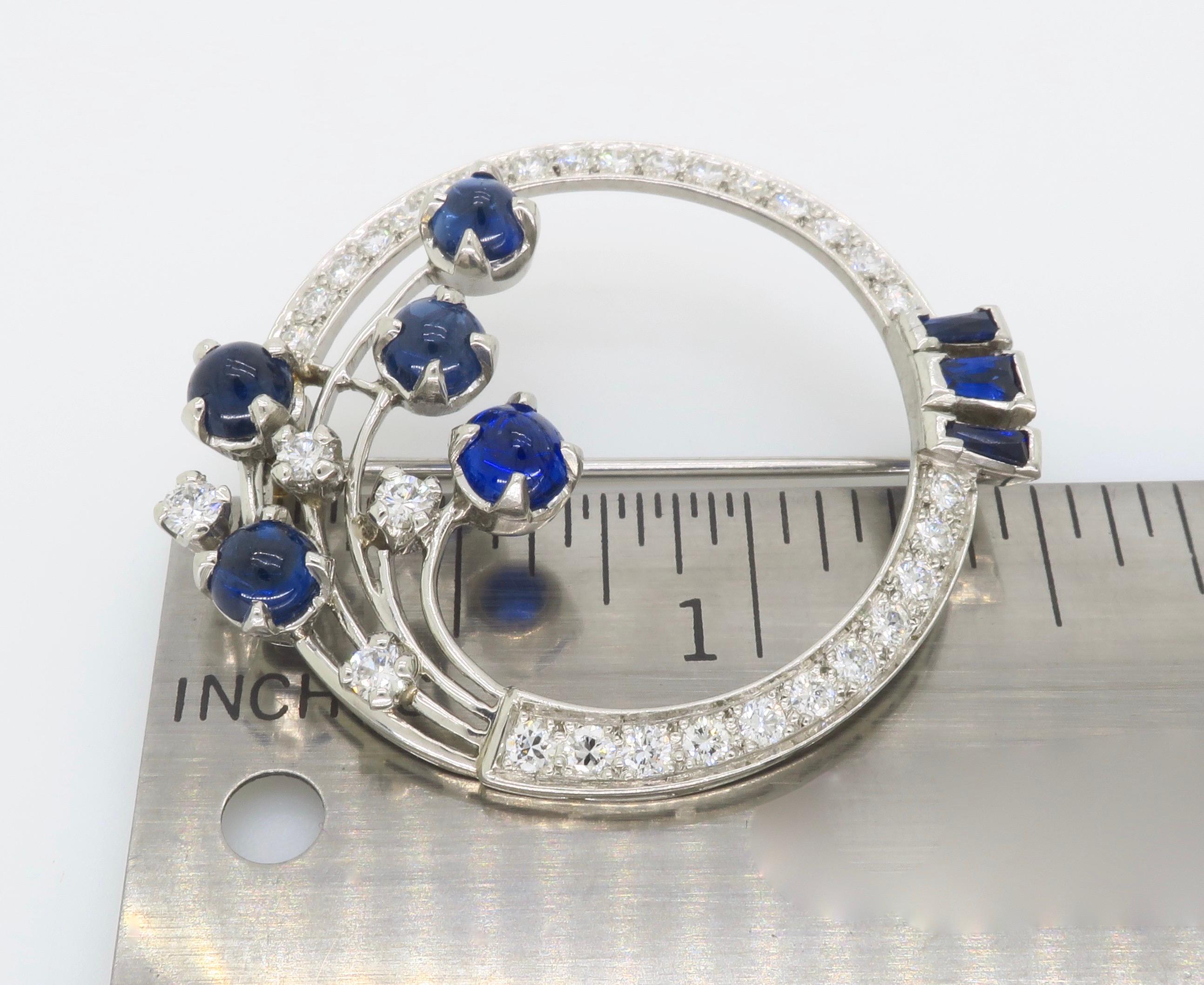 Vintage Blue Sapphire & Diamond Brooch Made in Platinum  For Sale 2