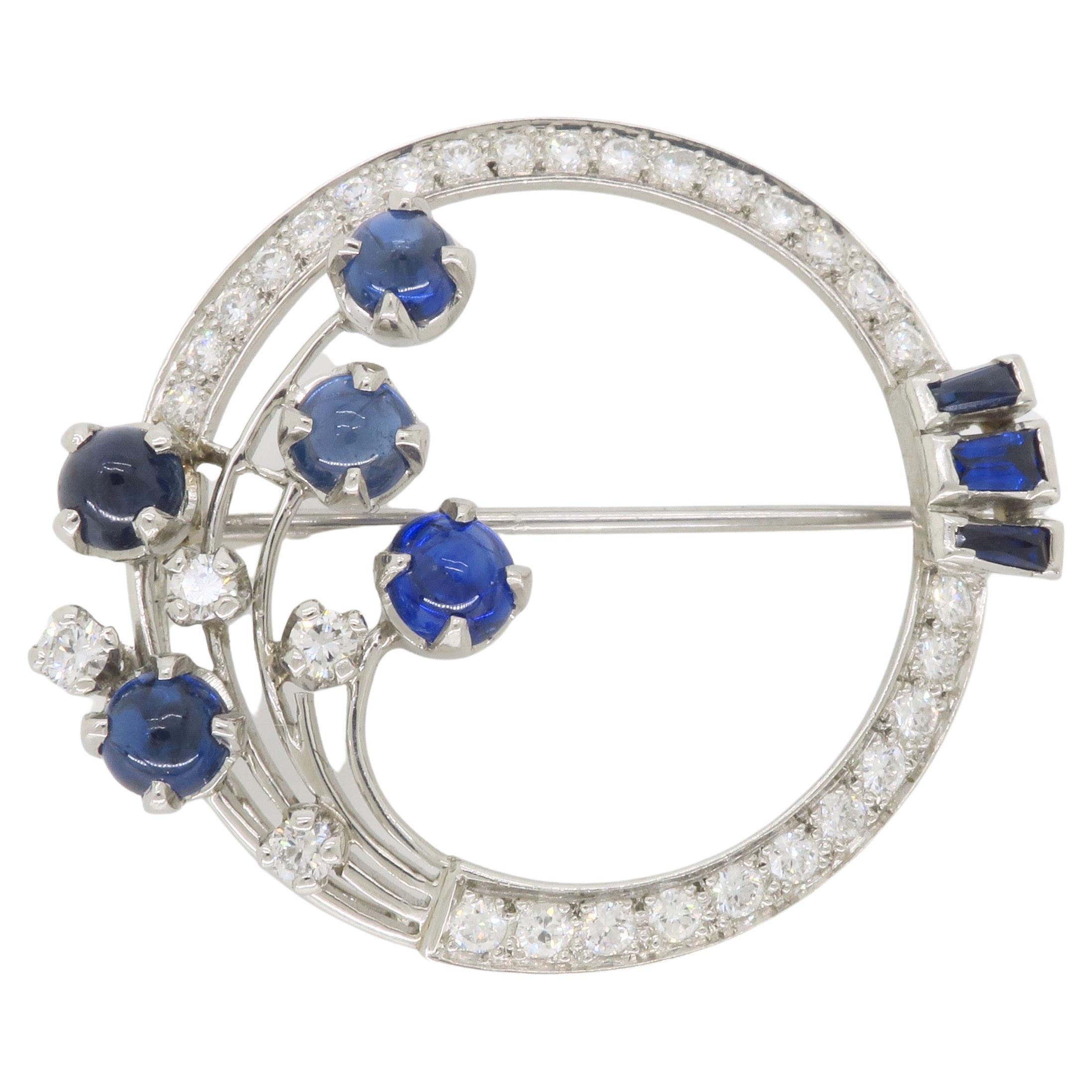 Vintage Blue Sapphire & Diamond Brooch Made in Platinum  For Sale
