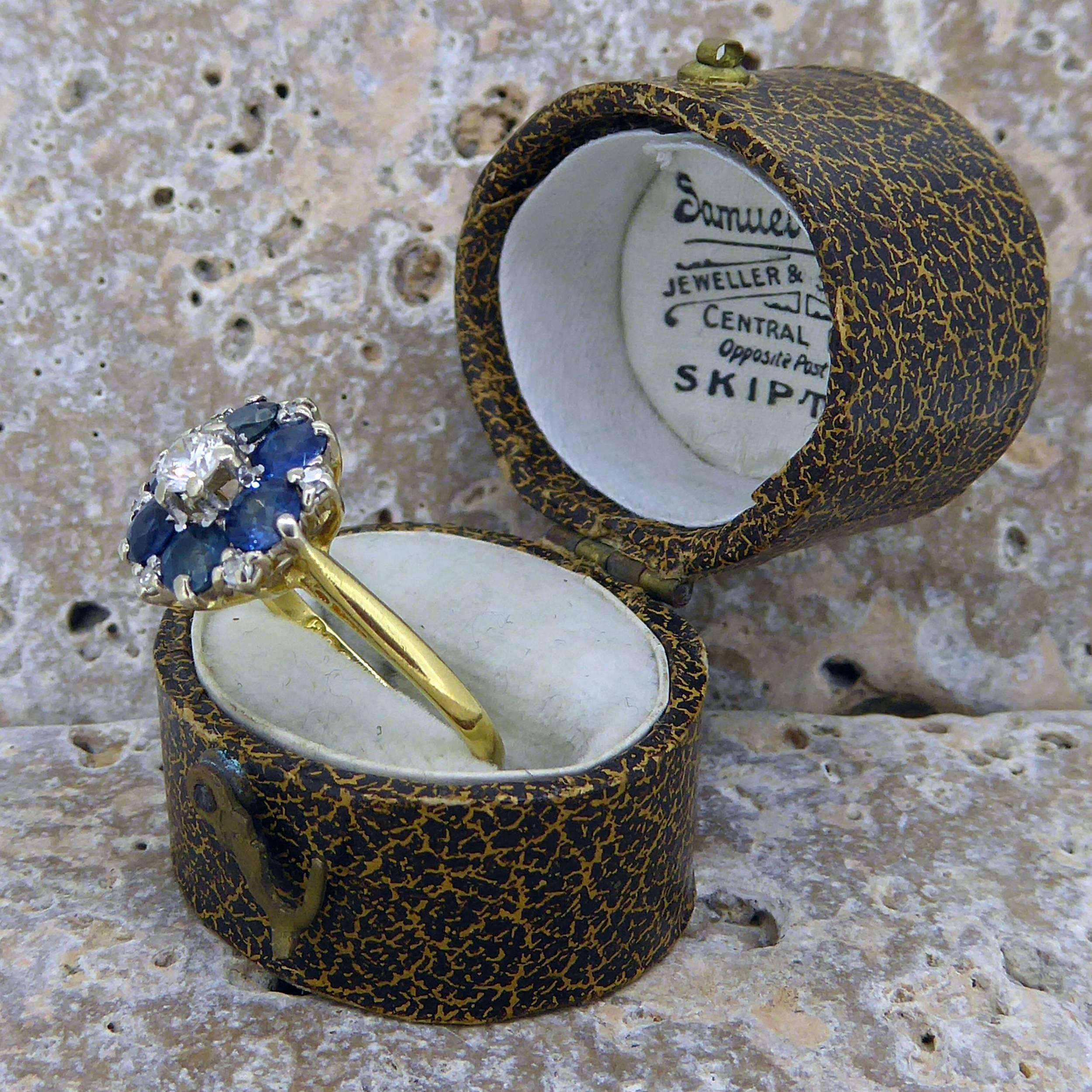 Retro Vintage Blue Sapphire Diamond Cluster Engagement Ring Hallmarked 1973 Birmingham