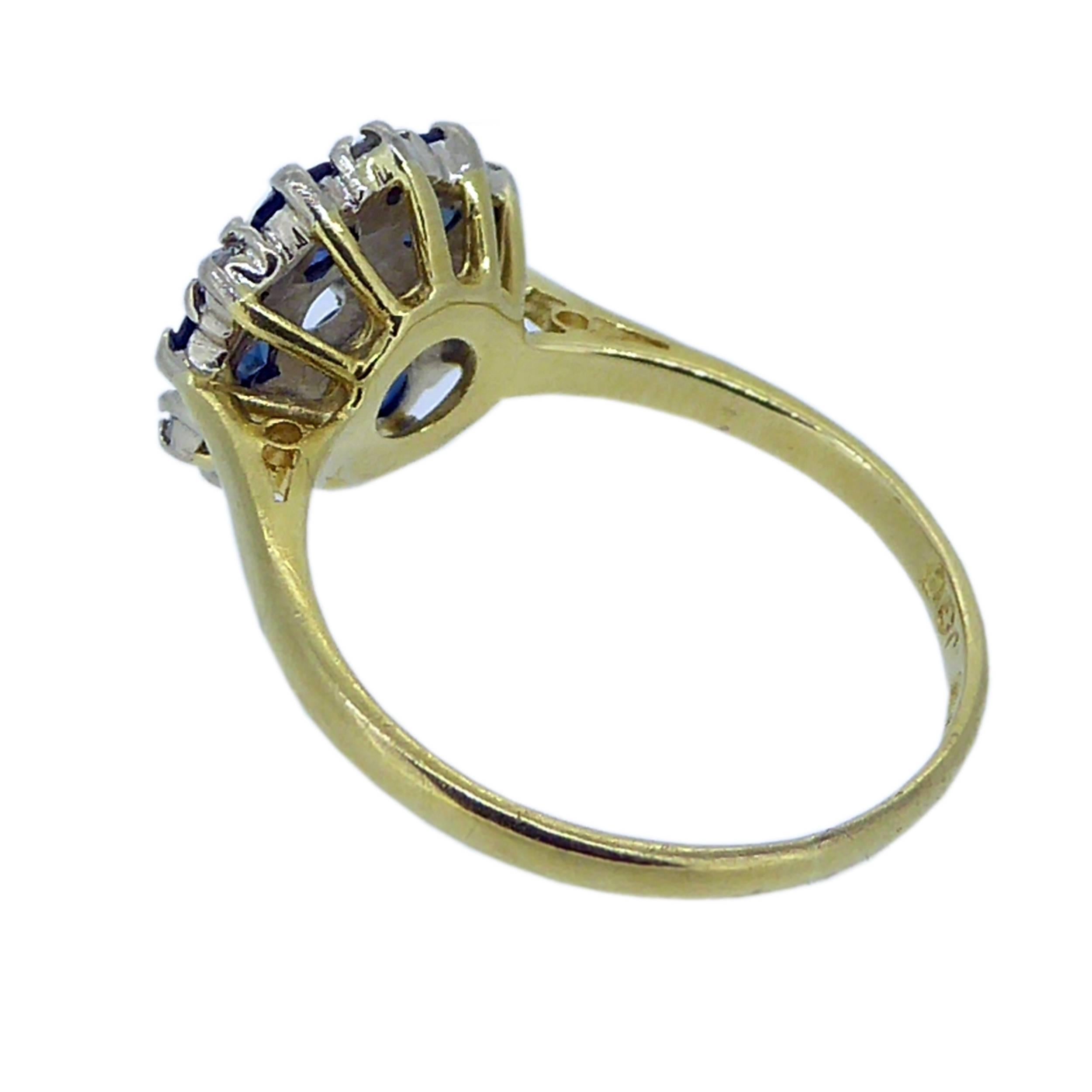 Round Cut Vintage Blue Sapphire Diamond Cluster Engagement Ring Hallmarked 1973 Birmingham