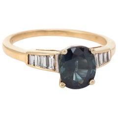 Vintage Blue Sapphire Diamond Ring 14 Karat Yellow Gold Bridal Jewelry
