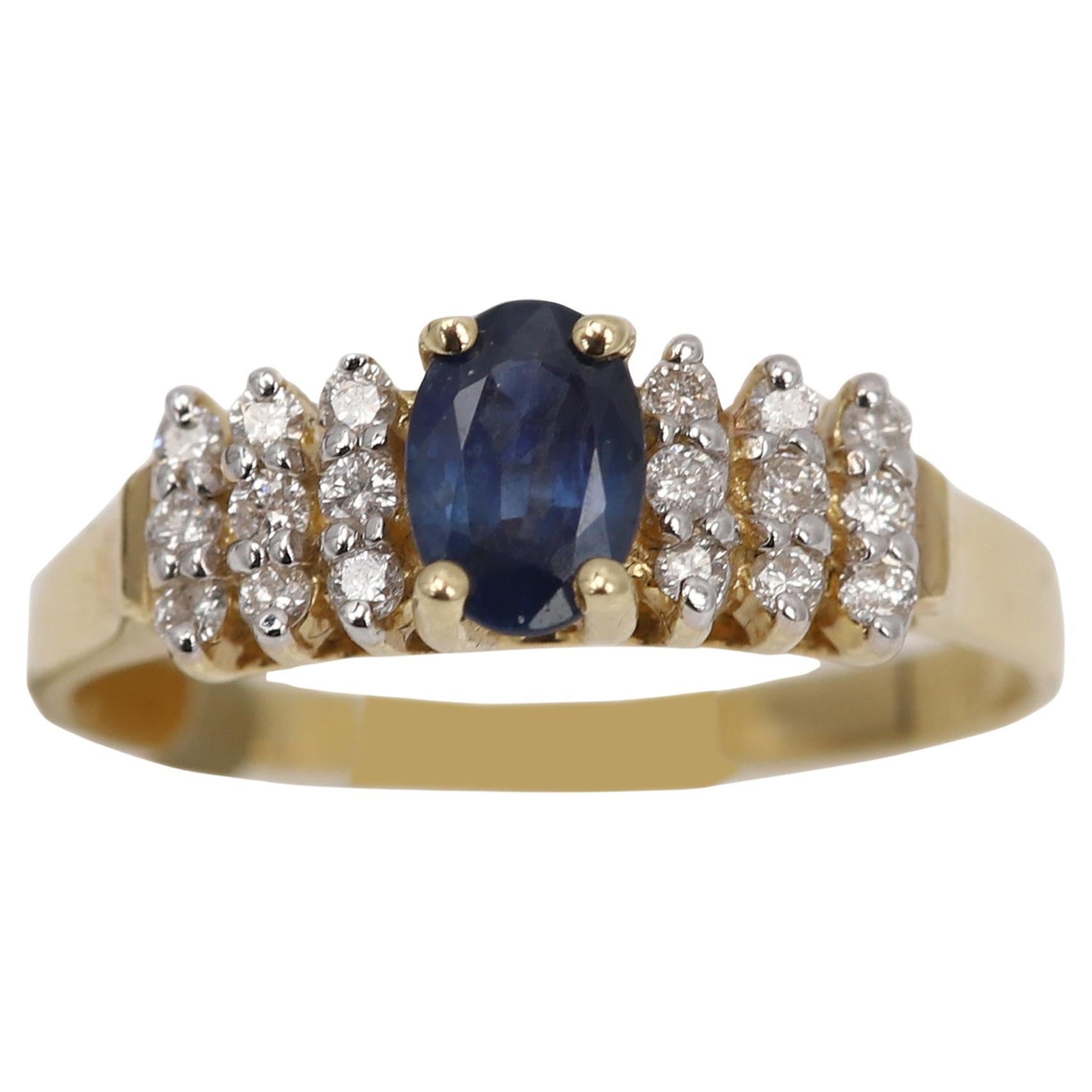 Vintage Blue Sapphire Diamond Ring 14 Karat Yellow Gold